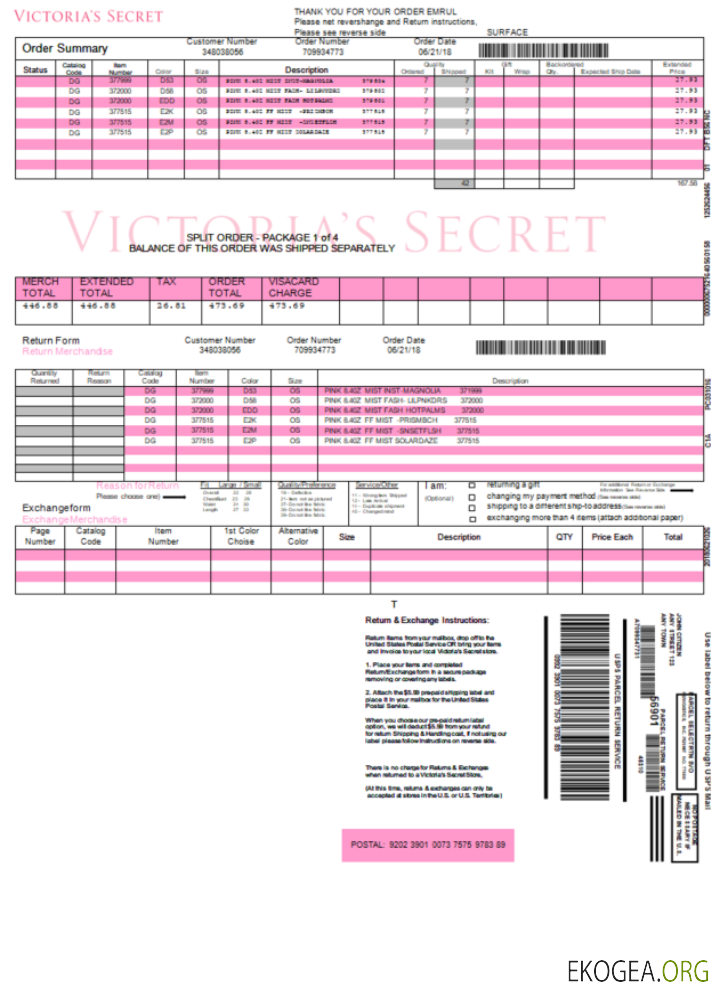 Facture Victoria Secret USA